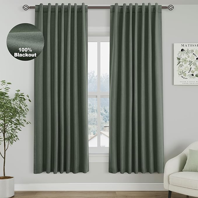 Nanspring Olive Green Linen Blackout Curtains 72 inch Length for Living Room Boho Farmhouse Back Tab Rod Pocket Thermal Insulated Textured Living Room Blackout Curtains 2 Panels Set 52x72 Inch