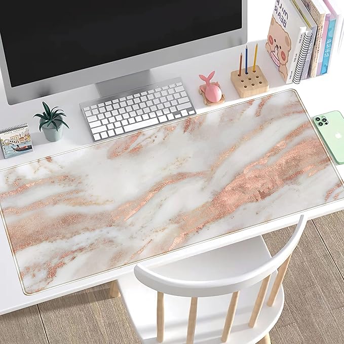 Rose Gold Marble Desk Mat Cute Desk Decor Mouse Pad, Abstraction Metallic Luxury Large Gaming Mousepad (31.5x15.75 in), Women Girly Keyboard Mat Computer Desk Pad for Work/Office/Home