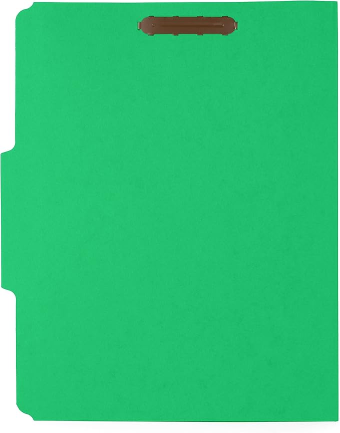 50 Green Fastener File Folders - 1/3 Cut Reinforced Assorted Tab - Durable 2 Prongs Designed to Organize Standard Medical Files, Law Client Files, Office Reports - Letter Size, Green, 50 Pack