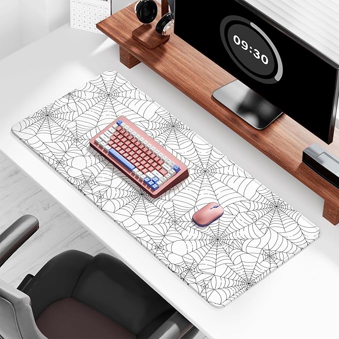 Auhoahsil Desk Mat, Ultra Large Mouse Pad, XXL Gaming Mousepad, Pretty Desk Pad, Big Extended Full Size Desktop Desk Matt for Keyboard, Laptop & Computer, 35.5 x 15.7 in, White Goth Spider Web