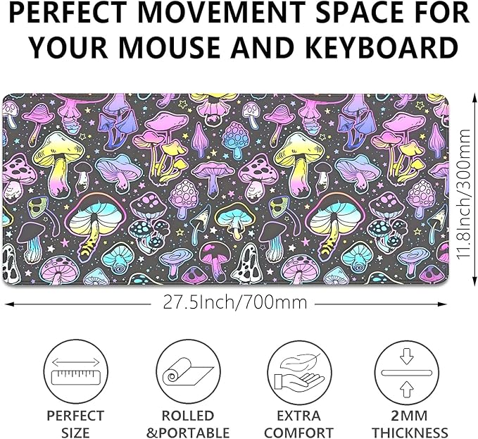 Colorful Mushrooms Mouse Pad,Large Extend Mousepad Desk Pad with Stitched Edges,Non-Slip Waterproof Rubber Base Mouse Mat Desk Mat for Office Computer Keyboard Laptop Home(27.5x11.8 in)