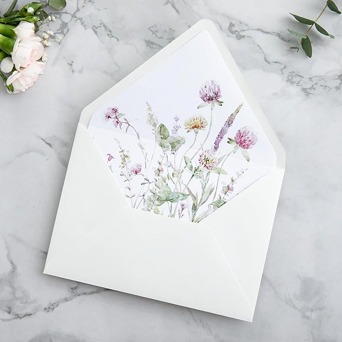 PONATIA 50PCS A7 Euro Flap Ivory Envelope, 5.25 x 7.25'' Wild Flowers Liner Envelopes for Wedding Invitations, Photos, Postcards, Greeting Cards, Christmas Gift Cards, Acrylic Mailing, 5x7 Envelopes