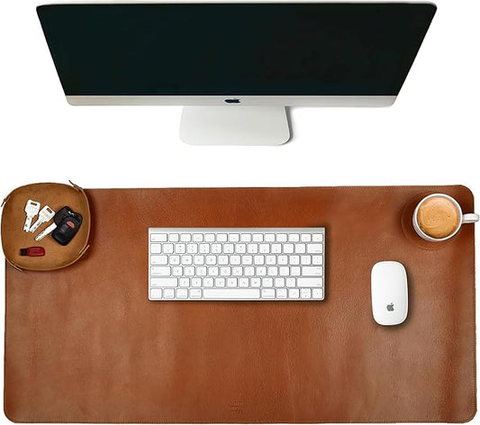 LEATHER VILLAGE -32X16 Real Leather Desk Mat for Desktop & Laptop, with Leather Tray & Tea Coaster, 3mm Thick Desk Cover-Protector-Blotter- Tan Color