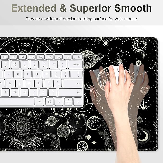 Gaming Mouse Pad Keyboard Wrist Support, 4 in1 Mousepad Set with Wrist Keyboard Rest, Computer Desk Mat, Non-Slip Desk Pad Protector with Memory Foam Easy Typing Pain Relief I Moon Sun Cosmic