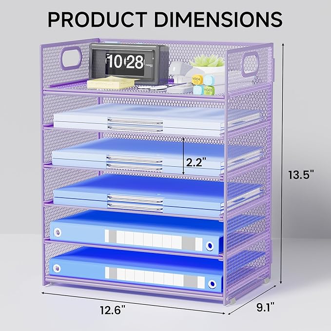 6-Tier Mesh Desktop File Organizer Letter Size Paper Tray with Handle Metal Construction Purple