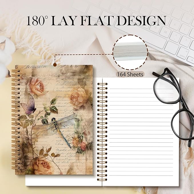 Vintage Dragonfly Notebook Journal - Dragonflies Floral Flower Spiral Notebook, Vintage Notebooks Dragonfly Gifts for Women, Shabby Chic Decor Dragonflies School Office Supplies, 6x8.2In