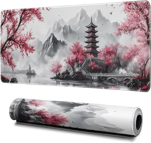 Pagoda Mouse Pad Abstract Cherry Blossom Watercolor Mouse Pad 31.5x11.8 Inch Texture Non-Slip Rubber Base Large Mousepad Stitched Edges Keyboard Mouse Mat Desk Pad for Office and Home