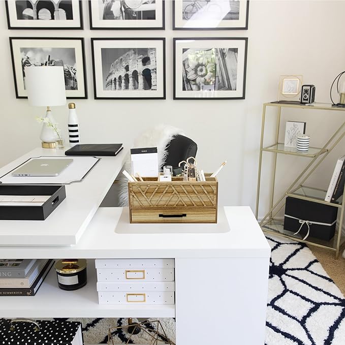 BLU MONACO Natural Wood Desktop Pen Organizer with Drawer - Stylish and Versatile Pen Holder and Stationery Organizer for Office and Art Supplies. 6 Convenient Storage Compartments and Drawer