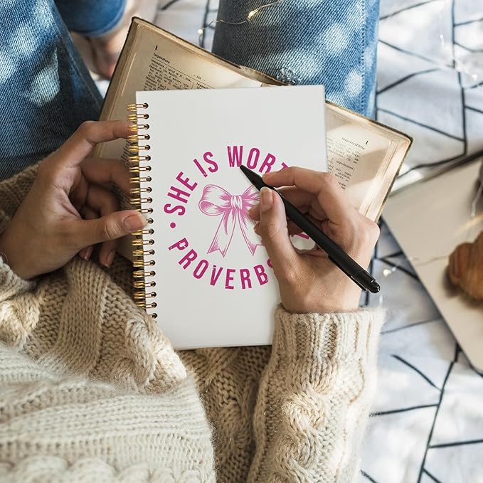 Pink Coquette Bow Christian Spiral Notebook, Proverbs 31 Woman Bible Journaling Notebook, Prayer Journal for Woman, Church Notes Journal, Scripture Hardcover Notebooks 5.5x8.3