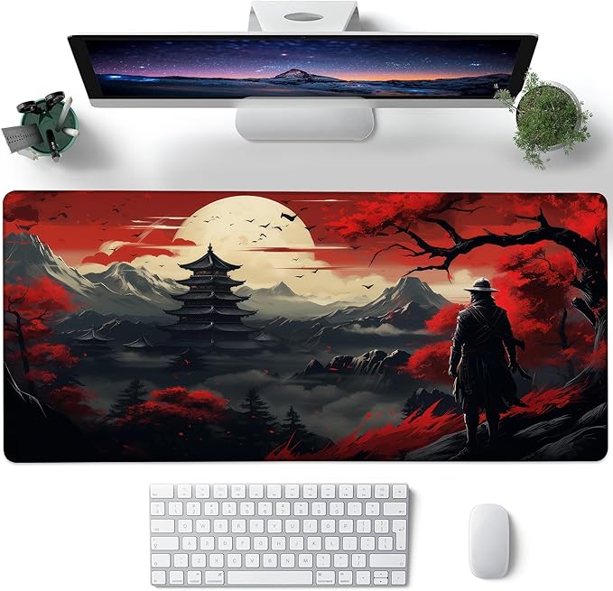 Desk Pad, Japanese Samurai Cherry Blossoms XXL Gaming Mouse Pad with Stitched Edges,Non-Slip Waterproof Rubber Base Large Desk Mat for Keyboard and Mouse 35.4"x15.7"