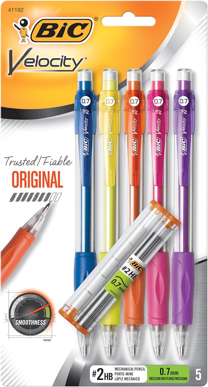 BIC Velocity Mechanical Pencils, With Colorful Barrel, Medium Point (0.7mm), 5-Count Pack Mechanical Pencils With Eraser and Lead Refills