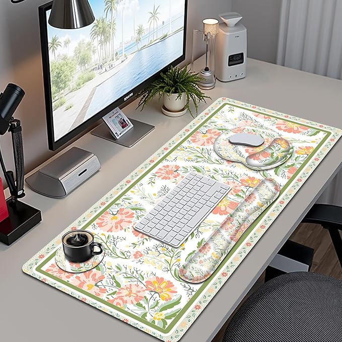 Desk Mat, 4in1 Large Mouse Pad with Wrist Rest, Cute Desk Matt for Desktop, Deskpad Mat, Anti-Slip XXL Computer Ergonomic Mousepad with Wrist Support for Keyboard and Mouse I Elegant Daisy Florals