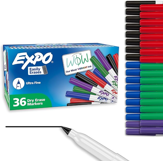 EXPO Dry Erase Markers, Low Odor Ink, Assorted Colors, Ultra Fine Tip, 36 Count