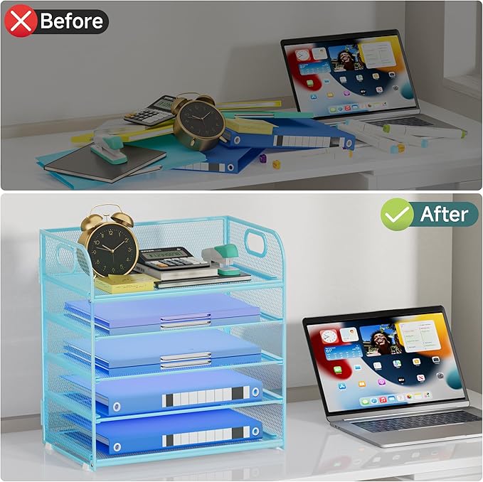 5 Tier Paper Organizer for Desk Organizer with Handle Letter Tray Mesh Paper Sorter Desk Organizer for Office Home Supplies-Blue