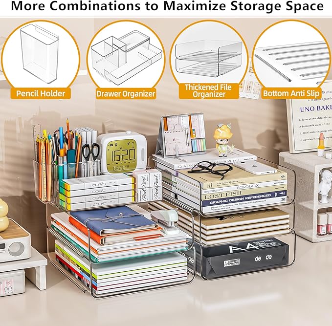 Paper Organizer Letter Tray - Acrylic Stackable Desk File Organizer with 5-Gird Tray and Pencil Holder, Clear File Organizer for Desk, Office Organizer for File Paper, Ipad, Letter, Small Item Etc