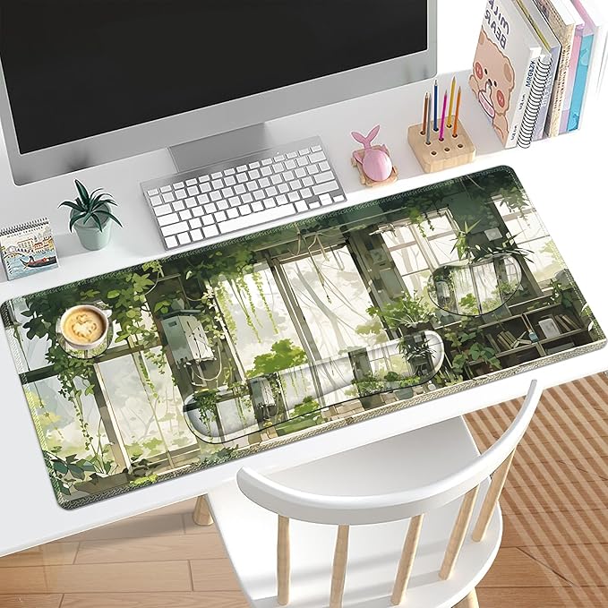 Large Mouse Pad and Keyboard Wrist Rest, Extended Mouse Pad with Wrist Support Ergonomic, Non-Slip Desk Mat, Desk Protector Blotter for Home Office, Window Green Plants