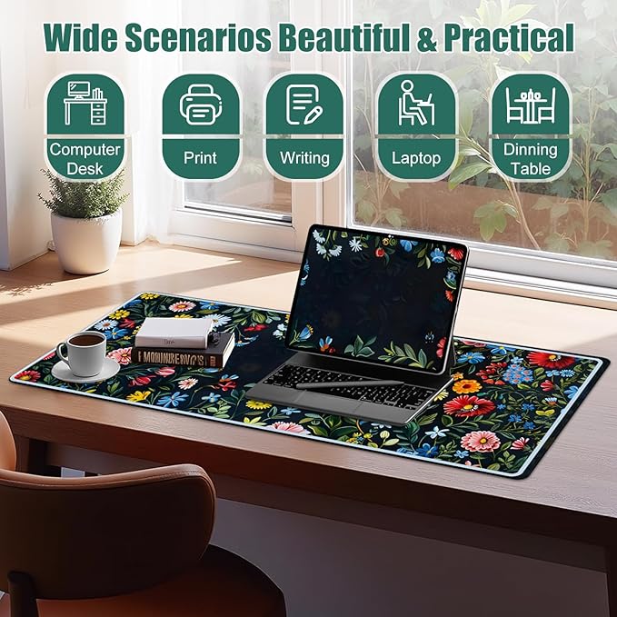 Desk Mat, Large Mouse Matt for Desktop, Women Deskpad Mat, XXL Big Mouse Pad for Desk, Anti-Slip Mousepad with Stitched Edges, Keyboard Pad Mouse Mat Cover for Computer 35.4×15.7 in, Bright Flower