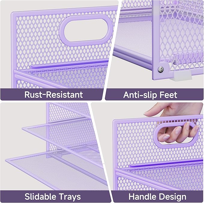 6-Tier Mesh Desktop File Organizer Letter Size Paper Tray with Handle Metal Construction Purple