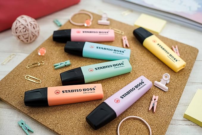 STABILO Highlighter BOSS ORIGINAL Pastel - Pack of 4 - Hint of Mint, Pink Blush, Lilac Haze, Touch of Turquoise, Chisel Tip