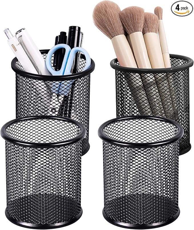Marte Vanci Mesh Pencil Holder Pen Holder for Desk Metal Pencil Cup Holder Desktop Pencil Marker Brush Organizer for Home Office Black 4 Packs