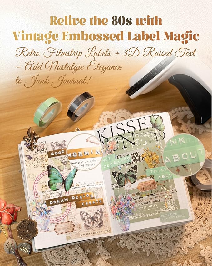 Embossing Label Maker Machine, 10-Roll Color 3D Embossed Tapes, Retro Vintage Label Maker, Old School Manual Embosser for Home DIY Crafts & Scrapbook Supplies