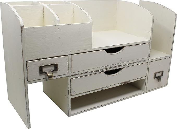 Executive Office Solutions Large Adjustable Wooden Office Desk Organizer For Desktop, Tabletop, or Counter – Wood Storage Shelf Rack – For Office Supplies, Desk Accessories, or Mail - White (WO13)