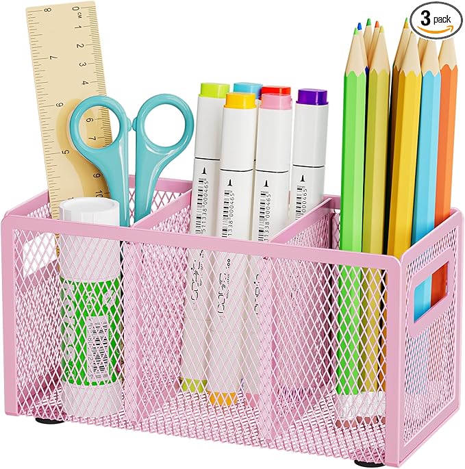 Marbrasse Mesh Pen Holder for Desk,Pencil Holder Desk Organizer 3 Adjustable Compartments,Pencil Cup with Handle Perfect for Classroom, Office, Home,Makeup,Art (Pink)
