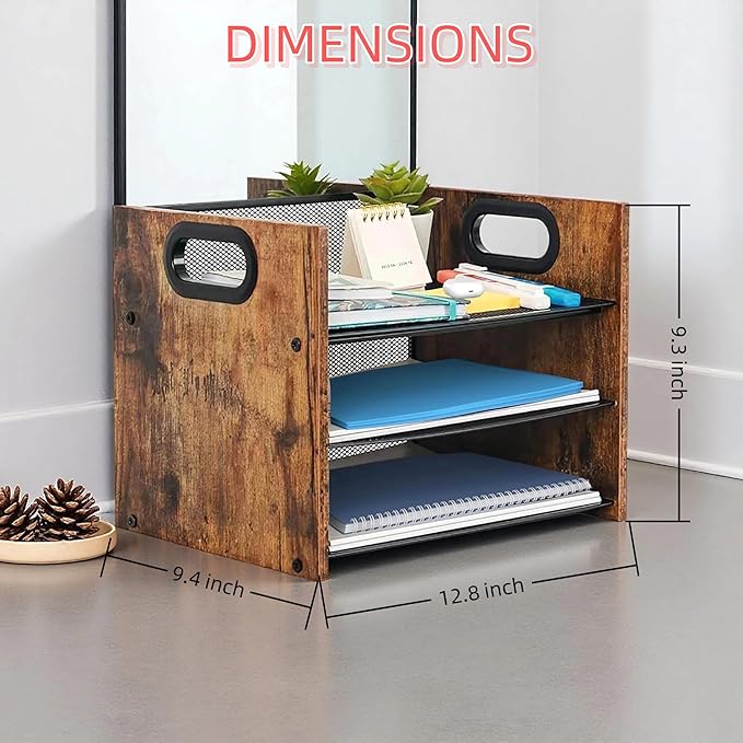 Wood Desk Organizer - 3-Tier Desktop File Organizer, Wooden Paper Tray, Office Desk Organzier and Accessories for Papers, Mail, Notebooks, Stationery