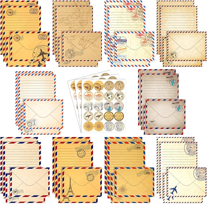TaoBary 160 Pcs Stationery Paper Set 50 Double Sided Stationery Papers with 50 Matching Envelopes and 60 Round Dot Sticker, 10 Design(Vintage Airmail,5.5 x 8.25 Inch)