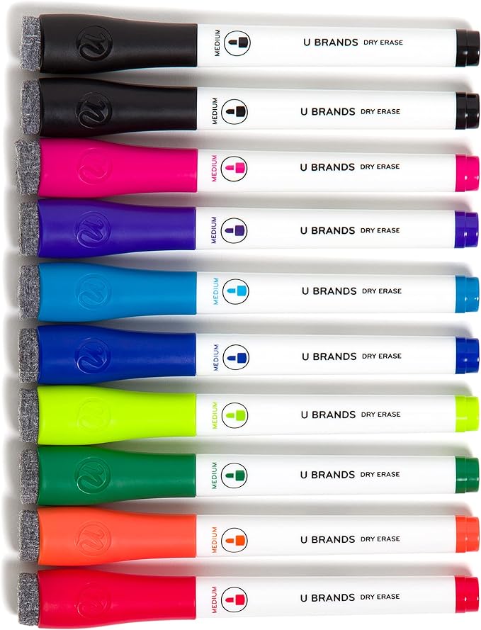 U Brands Low-Odor Dry Erase Markers With Erasers, Set of 10, Assorted Colors, Medium (2mm) Point (Pack of 2)