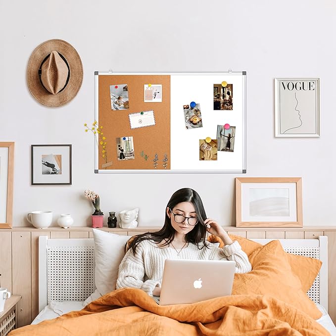 WALGLASS Combination Magnetic Whiteboard & Corkboard, 20"x30" Combo for School, Office & Home, Dry Erase Board with Removable Tray, Pins, Eraser, Markers & Magnets