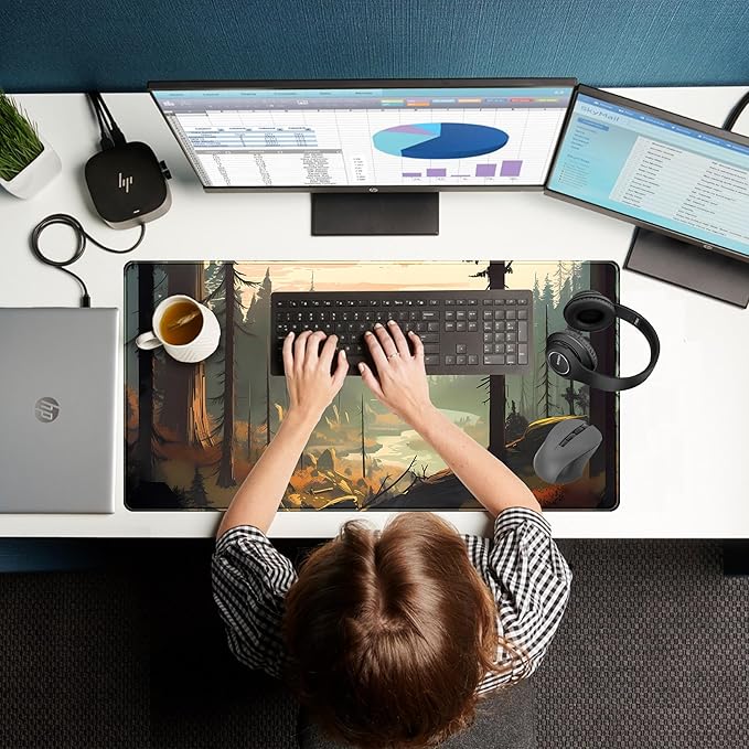 Desk Mat Gaming Desk Pad Valleys, Forest Mouse Pad XXL Extended Large Mouse and Keyboard Mat, Computer Desktop Mat with Non-Slip Base & Stitched Edges, Aesthetic Nature Desk Decor 31.5" x 15.7"