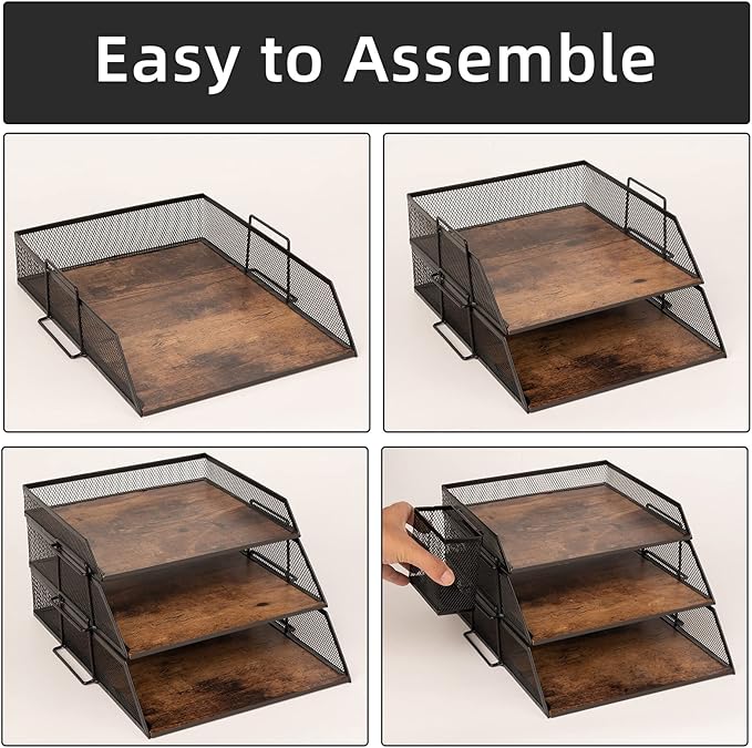 Vintage Wood & Metal Letter Tray， Stackable Desk Organizers Paper Tray， for File Magazines Mail Organizer, Vintage Wood Desk File Organizer with Pen Holder(3 Layer)