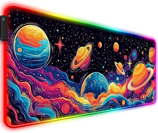 RGB Fantasy Space Planet Gaming Desk Mat, Computer Keyboard Large Extended Long Boy LED Mouse Pad for Office and Home, XL (W09)
