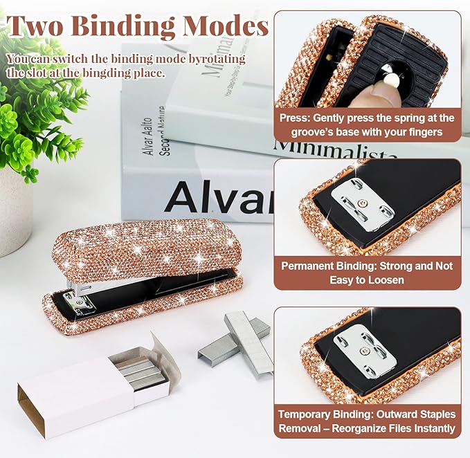 Multibey Rhinestone Stapler for Desk- Bling Crystal Desktop Stapler with 2000 Silver Staples, 25 Sheet Capacity, Elegant Office Staplers & Dazzling Desk Accessory for Women Lady (Champagne Gold)