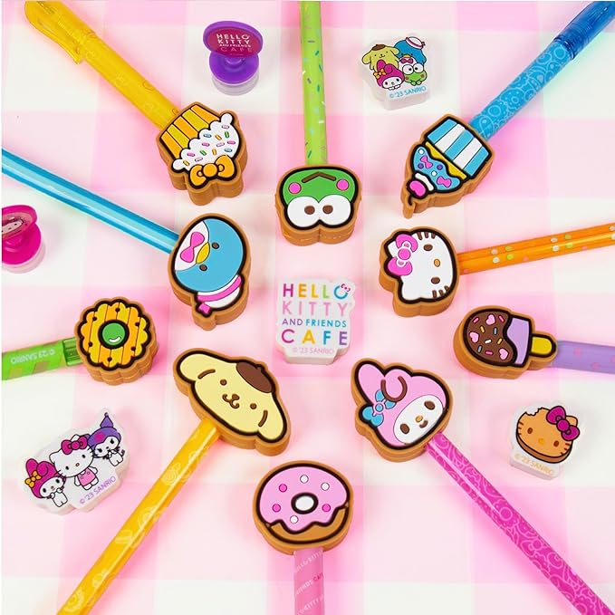 Hello Kitty & Friends Café Multi-Pen Set, 10 Hello Kitty Pens For Kawaii Notebook, Stamps, Erasers & More Sanrio Stationery, Fun Office Supplies, Cute School Supplies, Hello Kitty Merch
