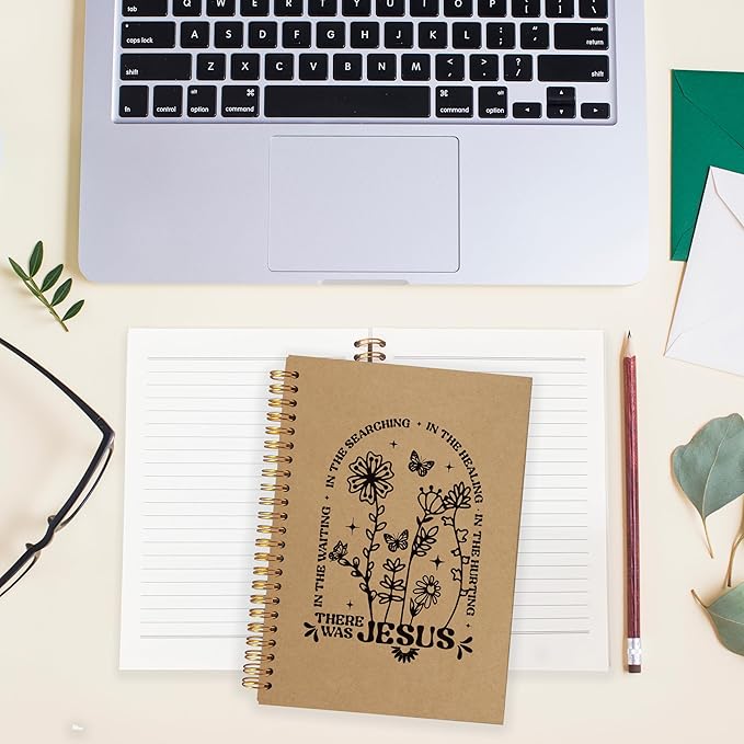 BearCake Boho Floral Christian Notebook Journal, Christian Gifts for Women, Bible Notebooks for Note Taking, Bible Journaling Notebook, Where the Jesus Hardcover Spiral Notebook 5.5x8.3 kraft paper