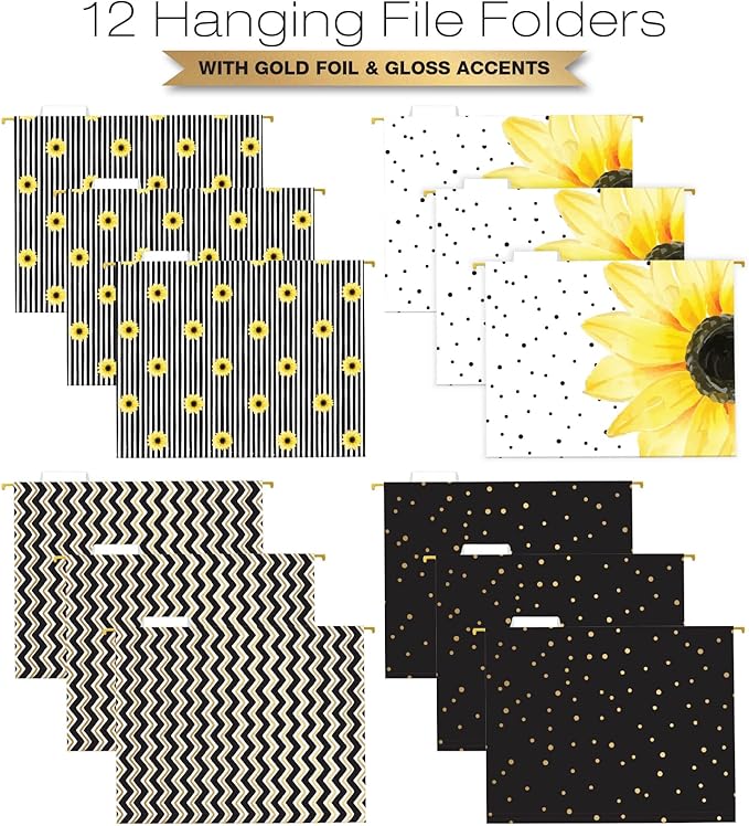 Global Printed Products Deluxe Designer Hanging File Folder Kit, Includes Metal Hanging Basket, 12 Hanging Folders, 24 File Folders, 1/3 Cut Tab, Assorted Positions, Letter Size (Sunflower)