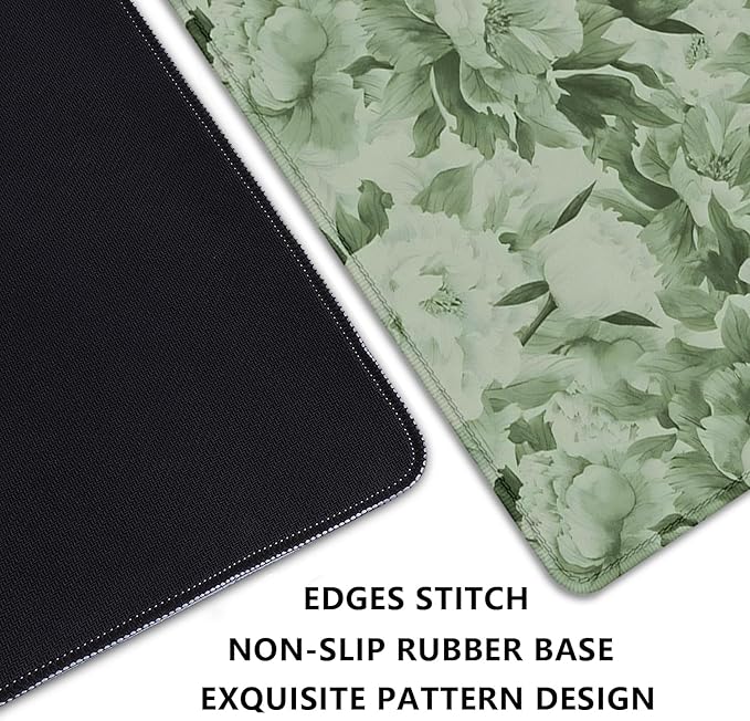 Sage Green Floral Desk Pad Extended Mouse Pad,Large Gaming Floral Mouse Mat with Stitched Edges,Non-Slip Rubber Base Mousepad for Office Computer Keyboard Laptop Home(27.5X11.8 in)