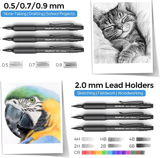 Nicpro 6PCS Weatherproof Mechanical Pencil Set, 3 PCS Art Mechanical Pencils 0.5 mm & 0.7 mm & 0.9 mm & 3 PCS 2mm Lead Holder (6B 4B 2B HB 2H 4H Colors) For Outdoor For Writing, Sketching Drawing