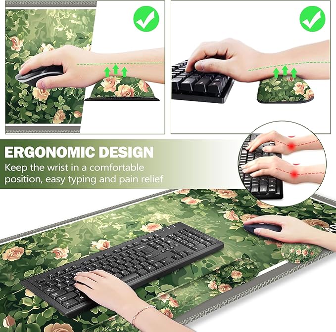 ARTSO Rose Floral Mouse Pad Wrist Support Set, Desk Mat, 4in1 XXL Large Mousepad + Keyboard Wrist Rest+Mouse Wrist Rest+Coaster Combo with Ergonomic Design for Home Office
