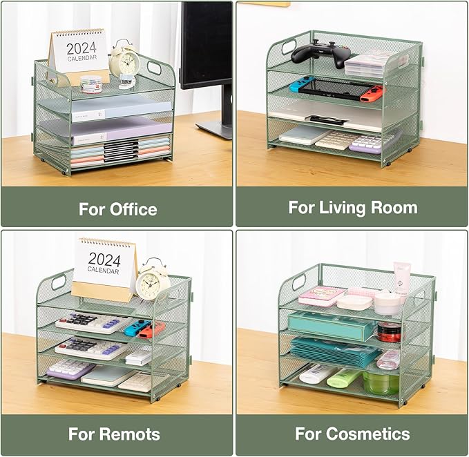 Green Mesh Letter Tray Paper Organizer with Handle - 4-Tier Desk Organizer for Office Supplies