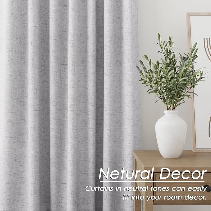100% Blackout Linen Curtains 90 inch Length 2 Panels for Living Room Loop Pocket Pinch Pleated Black Out Drapes Grey Heat Reducing Total Blackout Window Curtains for Bedroom 90 inches Long