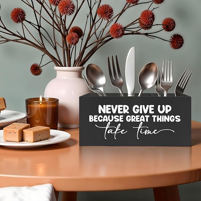 Inspirational Quotes Pencil Pen Holder for Desk, Never Give Up Because Great Things Take Time Wooden Pencil Holder Organizer for Home Office Desk Accessories, Gifts for Coworker