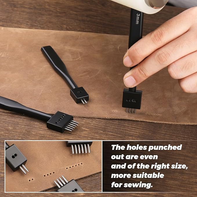 Leather Hole Punch, Black Hole Punch Tool 3mm 2/4/6 Lacing Stitching Punch, Round Hole Prong Stitching Chisel Set Leather Working Tools for Leathercraft