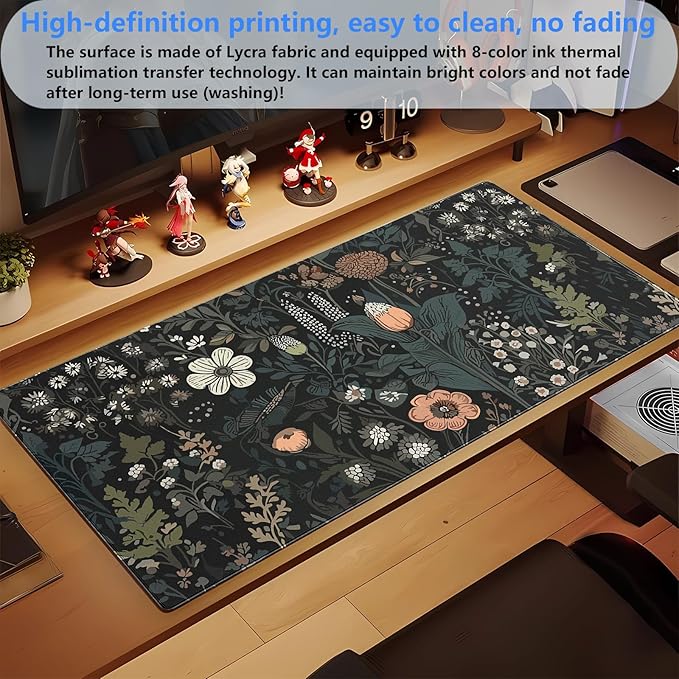 Dark Floral Desk Pad Mat, Extended XL Large Gaming Mousepad with Stitched Edges, Non-Slip Computer Mat Pad for Desk, Keyboard and Mouse mat 31.5 x 15.7 in