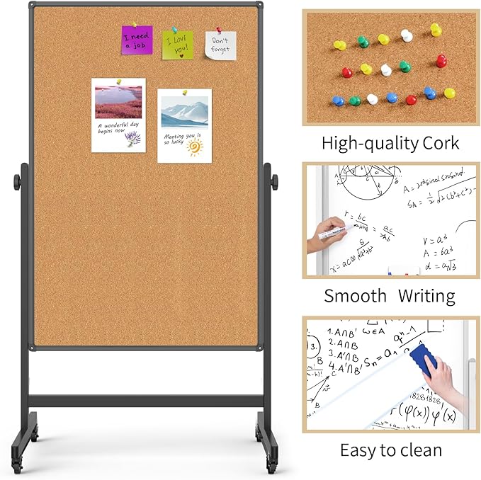 Double-Sided Whiteboard and Corkboard on Wheels, 48 x 32 Inch Magnetic Dry Erase Board with Adjustable Height Stand, Rolling Mobile Board for Office, Classroom, Presentation & Planning (Cork & Black)