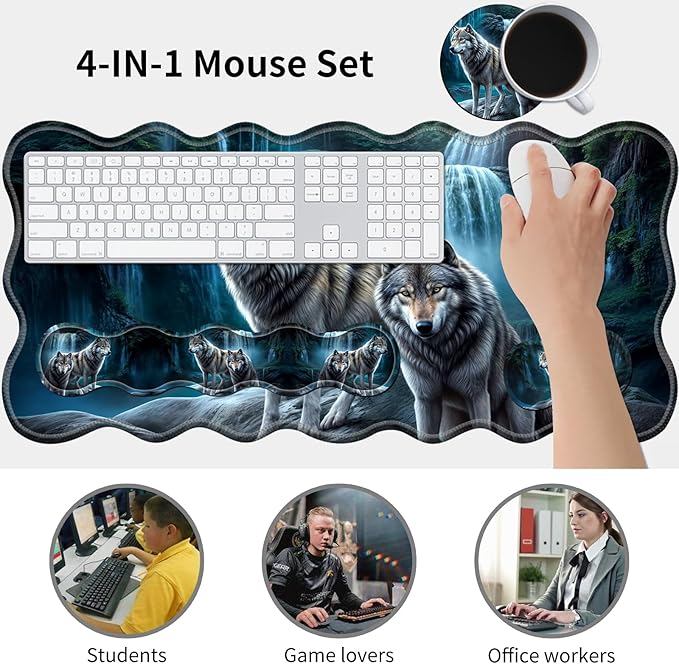 Gaming Mouse Pad Set with Wrist Support, 31.5"x11.8" Large Non-Slip Desk Mat, Ergonomic Keyboard Wrist Rest & Mouse Pad, Memory Foam Cushion Comfort & Precision for Gaming Office, Waterfall Wolf