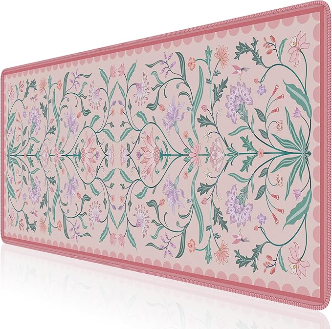 HAOCOO Pink Desk Mat, Aesthetic Flower Mouse Pad, 35.4" x 15.7" Computer Mat, Keyboard Pad Dorm Decor, Non-Slip Mouse Pad for Laptop with Stitched Edges, Home Office Desk Protector
