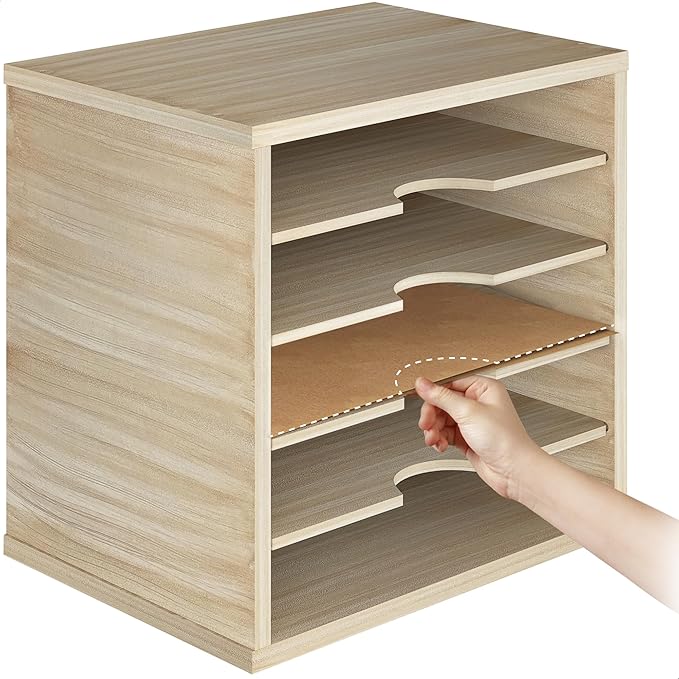 Ballucci Wood File Organizer Paper Sorter, 5 Tier Adjustable Shelves Office Desk Organizer 13 5/8" x 9 1/4" x 12", Brushed Wood